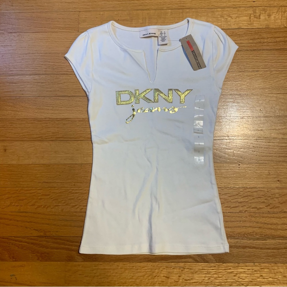 DKNY Jeans Fitted Short Sleeve Shirt Top White Juniors Small New with Tags